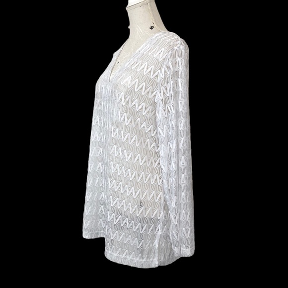 White Metallic Lace Zig Zag Chevron Pattern Sheer Swimsuit Tunic Coverup L - Picture 5 of 7